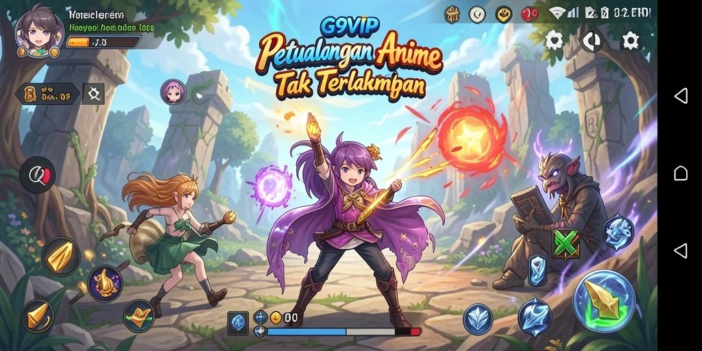 Screenshot gameplay G9VIP yang menampilkan karakter anime dan pertarungan epik.