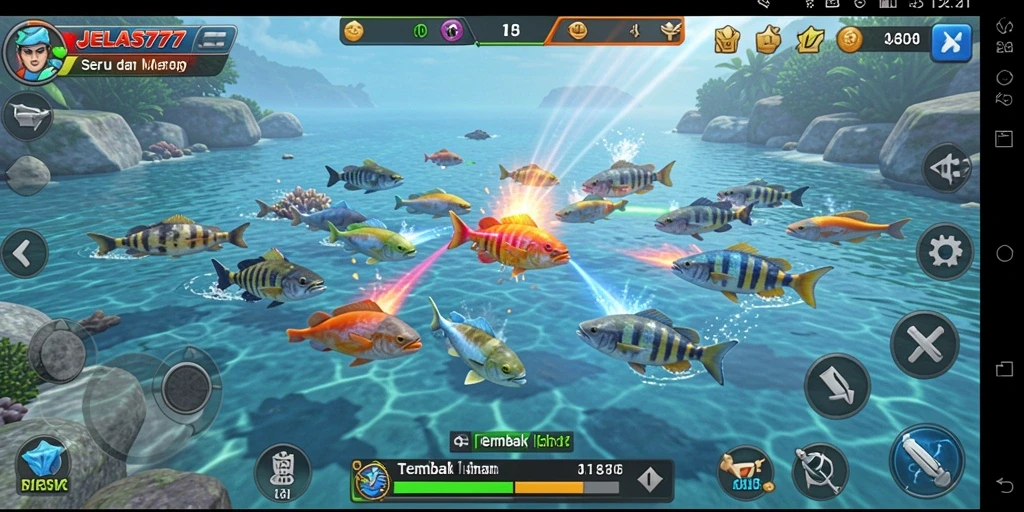 Tampilan gameplay seru saat menembak ikan di JELAS777.