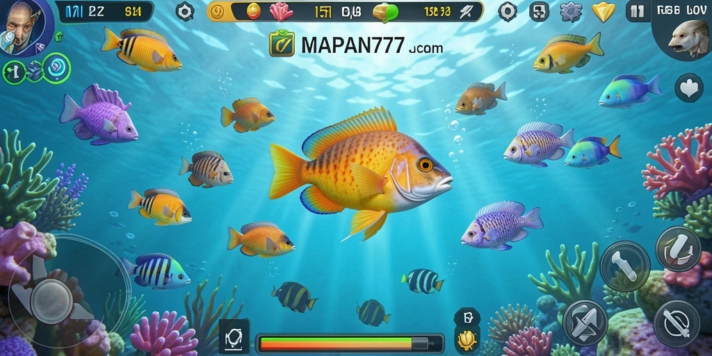 Tampilan gameplay seru dalam MAPAN777 saat menangkap ikan.