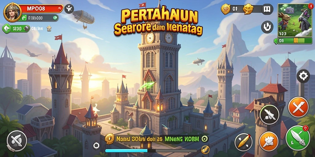 Tangkapan layar utama MPO08 menampilkan aksi pertahanan menara yang menegangkan.