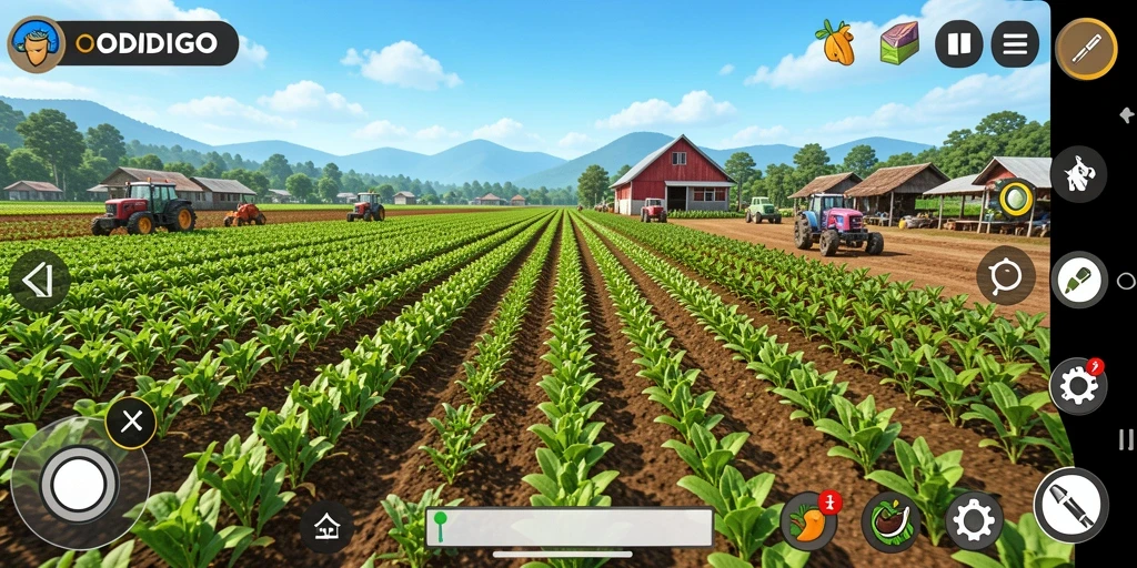 Tampilan gameplay ODDIGO yang seru dan menarik di ladang pertanian.
