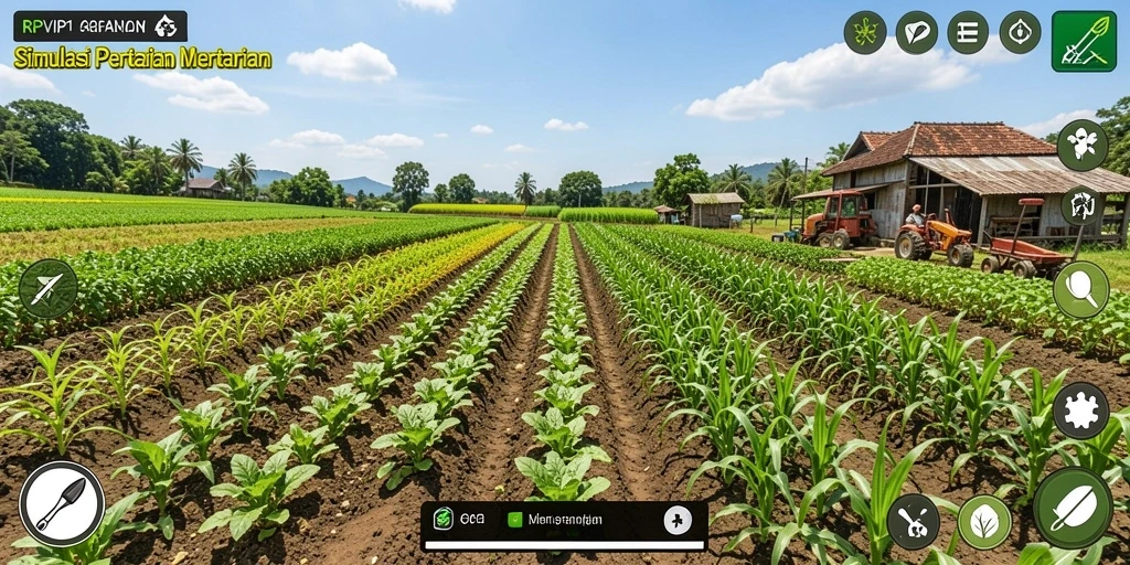 Tampilan gameplay RPVIP1 dengan kebun yang indah dan tanaman yang subur.