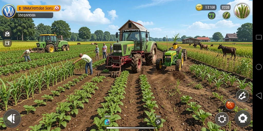 Screenshot gameplay VW108 menampilkan keseruan bertani dengan berbagai tanaman.